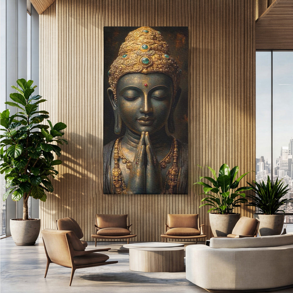 Tablou canvas cu tablou canvas cu buddha in rugaciune, fara rama, pe sasiu de lemn, pe perete intr-un birou